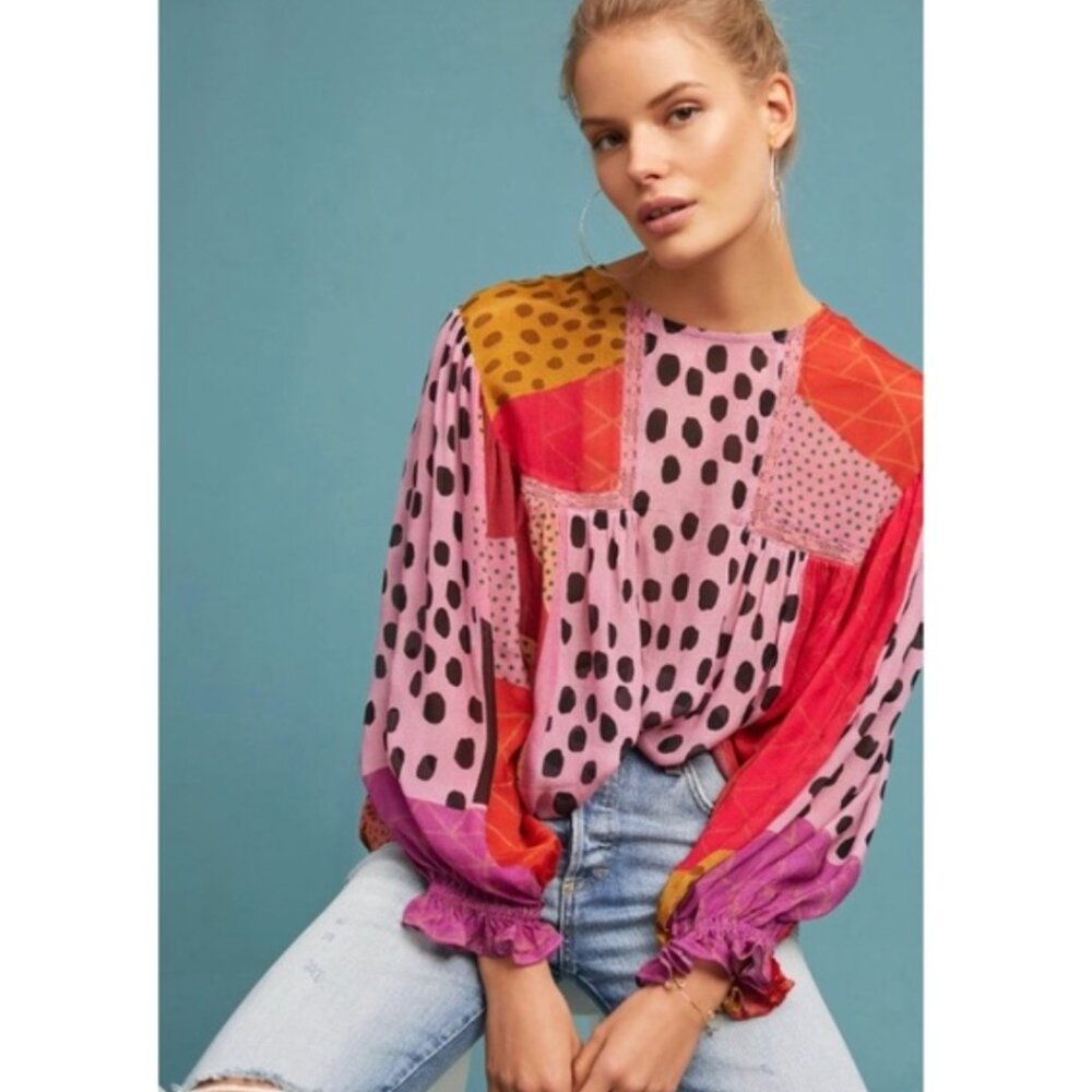Bl^nk London Anthropologie Top Womens Miranda Peasant Boho Pink Blouse